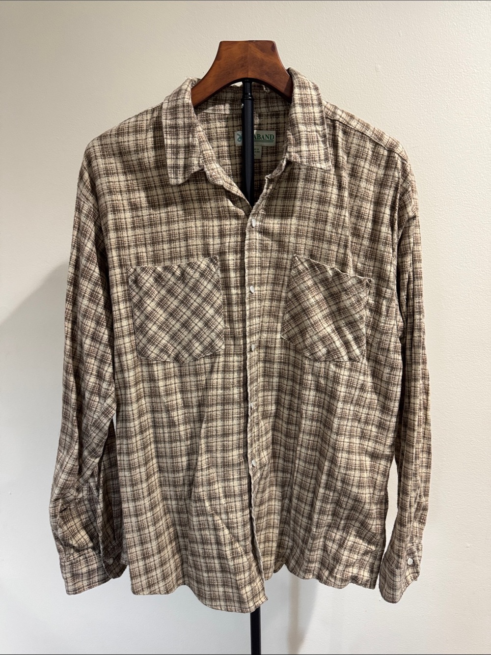 Haband Vintage Neutral Plaid Button-Down Flannel Shirt (Size L)